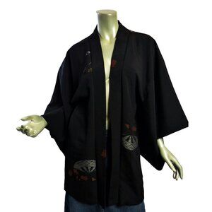 Vintage Black Silk Kimono Fanciful Fans & Flowers ONE SIZE Delicate Yuzen Haori